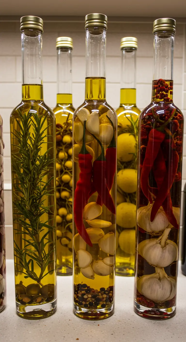Botellas de vidrio altas llenas de aceite de oliva infusionado con romero, chiles rojos y ajos.