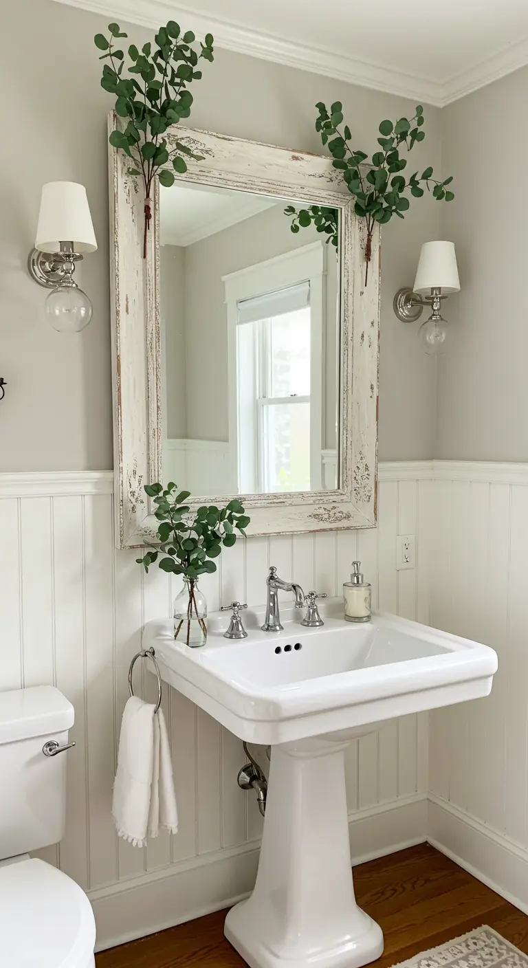 Espejo con marco de madera envejecida decorado con pequeñas ramas de eucalipto en las esquinas.