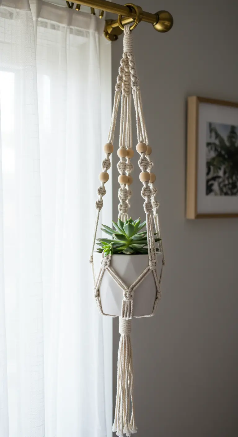 Colgador de macramé blanco con cuentas de madera clara, sosteniendo una maceta con una suculenta.