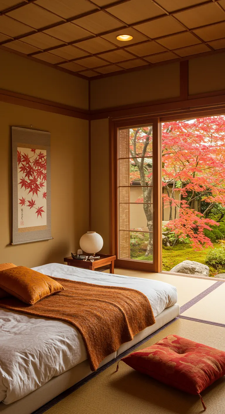Dormitorio japonés con cojines y manta en tonos terracota y vistas a arces rojos.