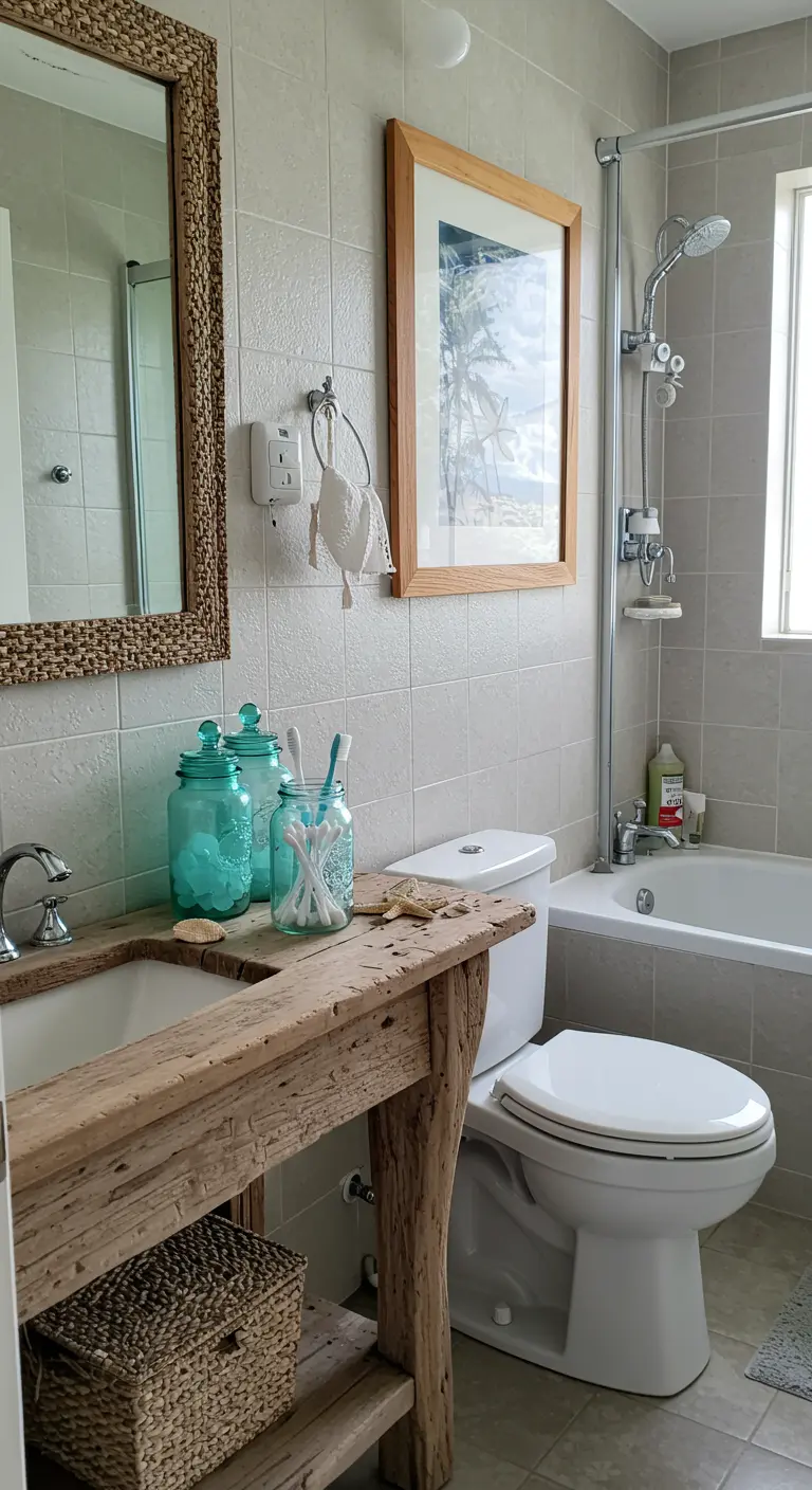 Baño de estilo playero con frascos de vidrio turquesa y un espejo de mimbre.