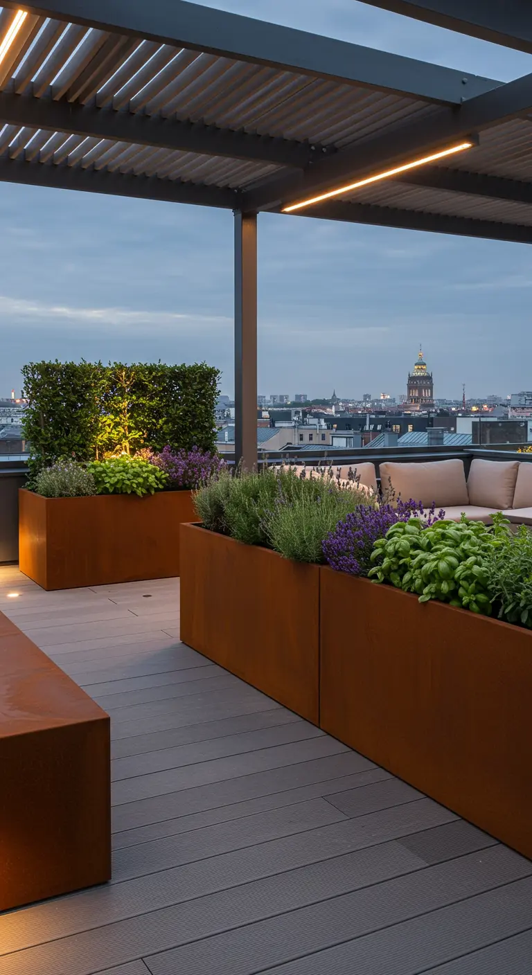 Terraza urbana con grandes jardineras de acero corten con lavanda y albahaca al atardecer