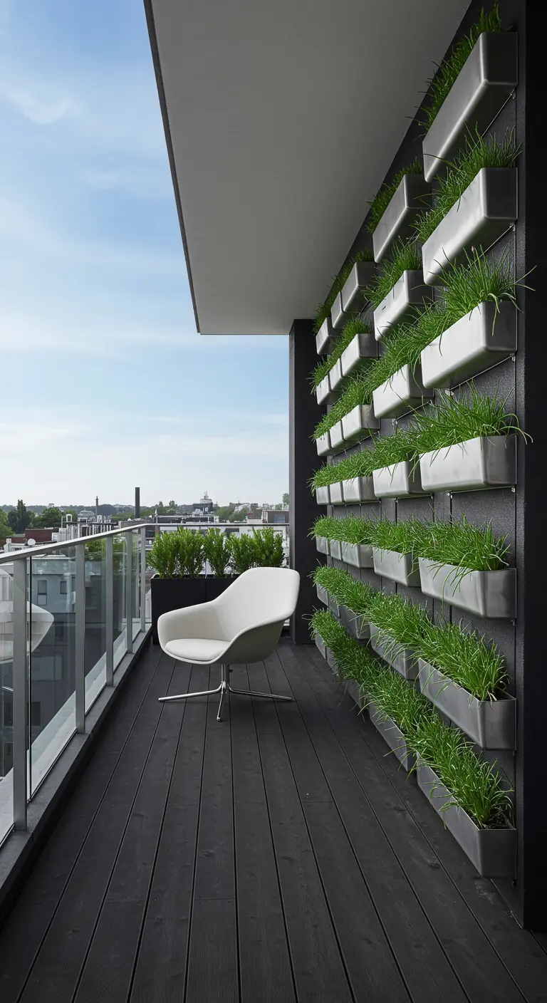 Balcón moderno con jardineras de acero inoxidable en una pared oscura y vistas a la ciudad.