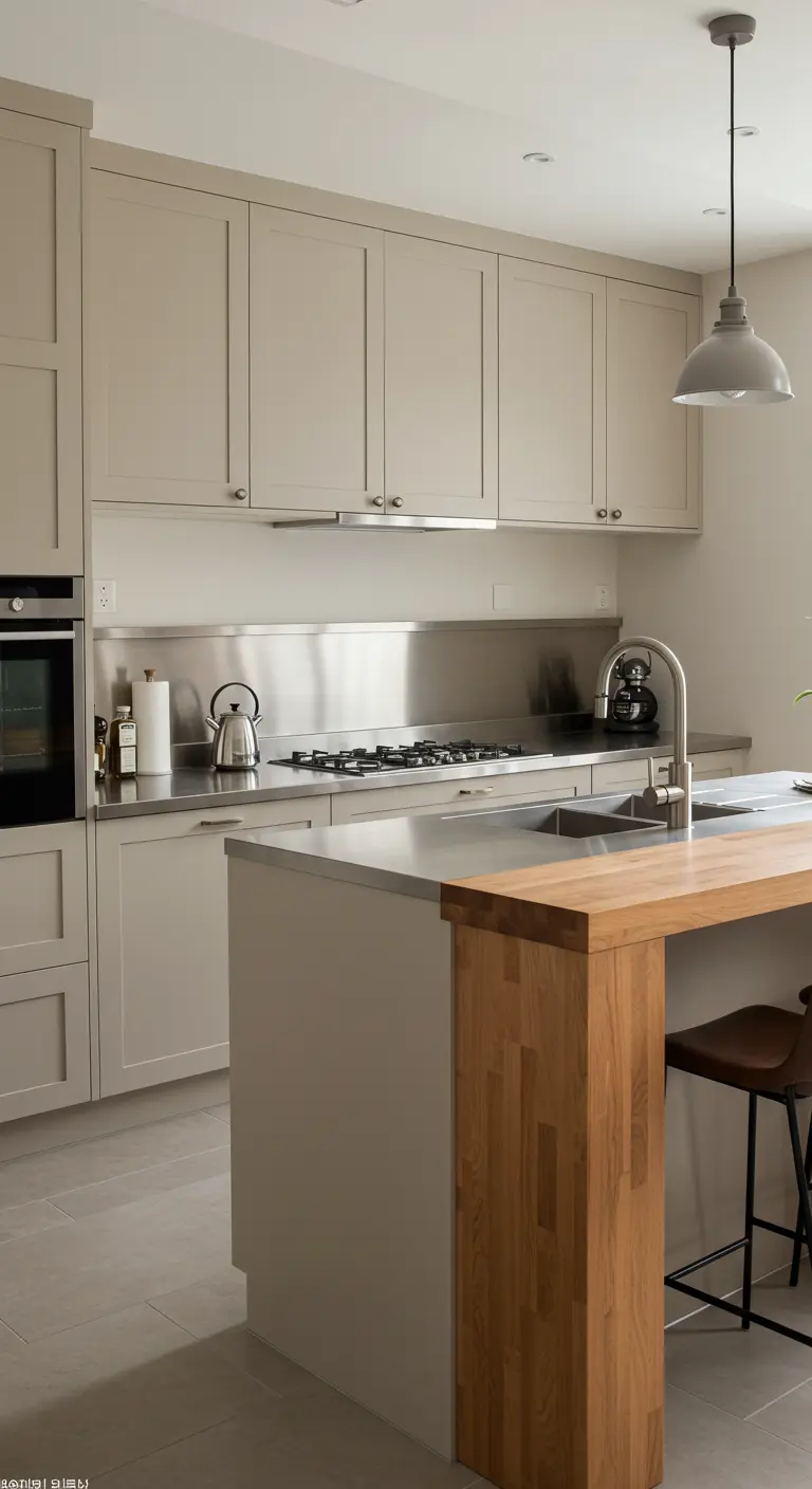 Cocina que combina salpicadero de acero inoxidable con una barra de madera y armarios grises