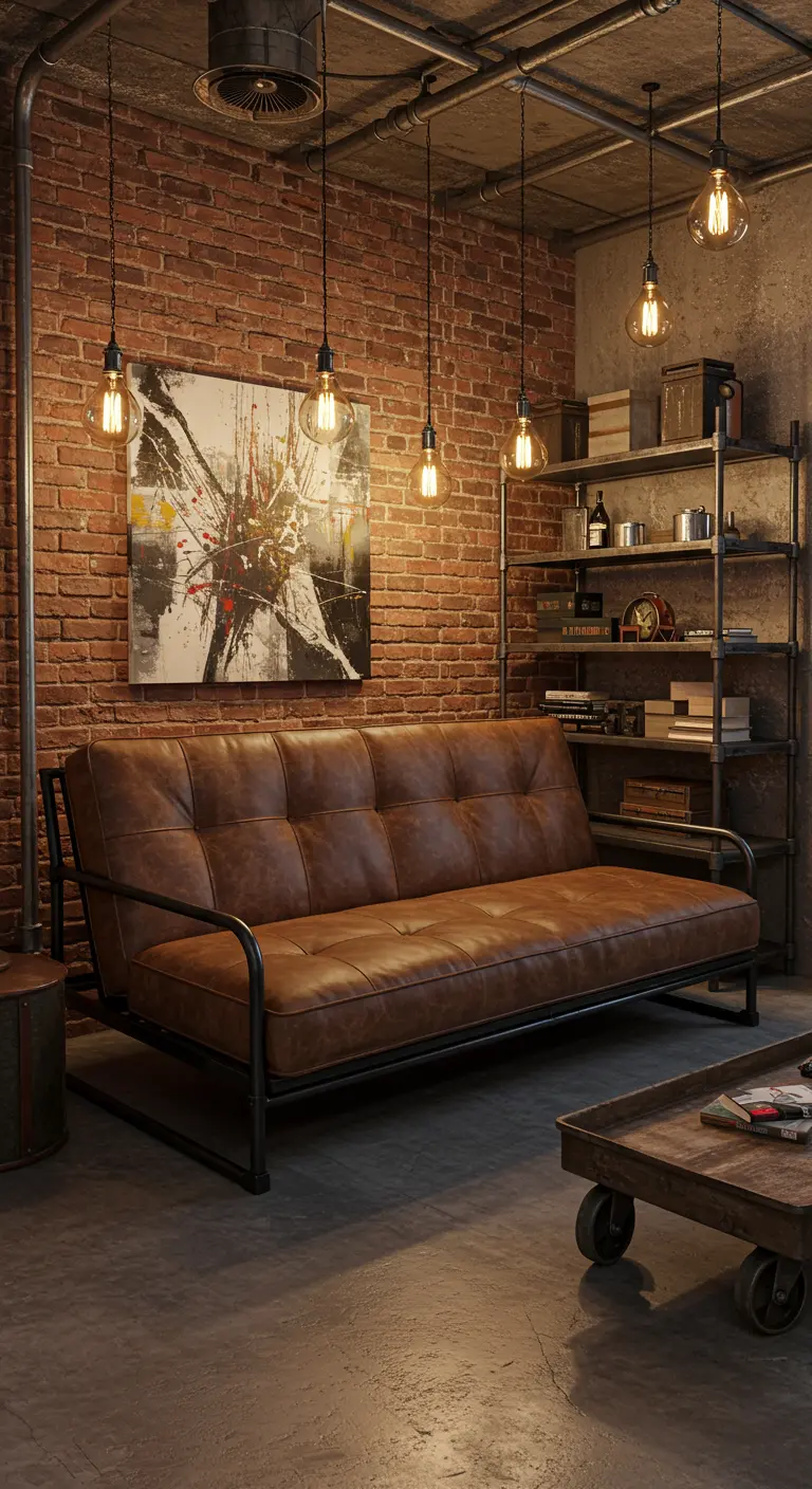 Futón de cuero marrón con estructura metálica en un salón industrial con pared de ladrillo.