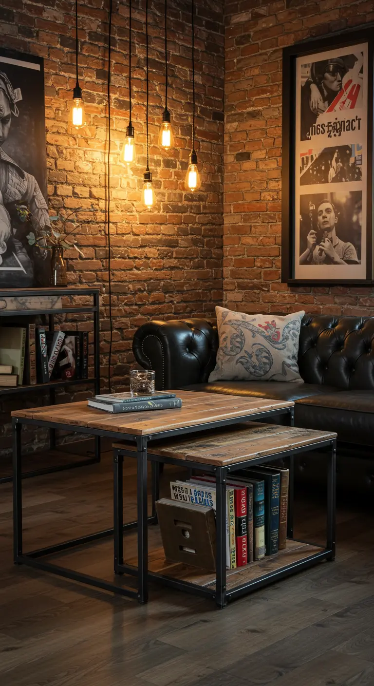 Mesas nido de estilo industrial con estructura de metal y madera en un salón con pared de ladrillo