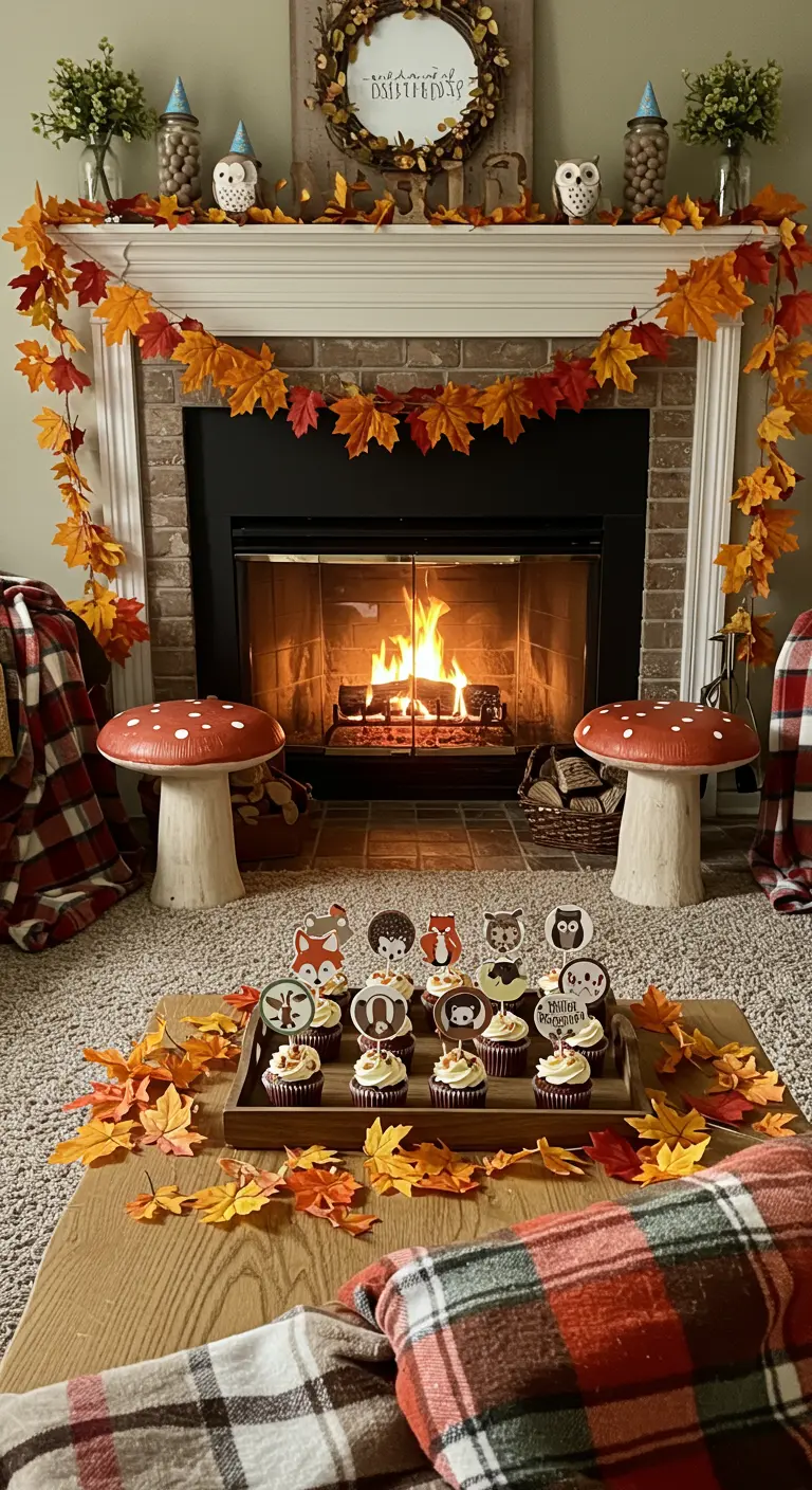 Acogedora escena otoñal frente a una chimenea con cupcakes de animales del bosque.