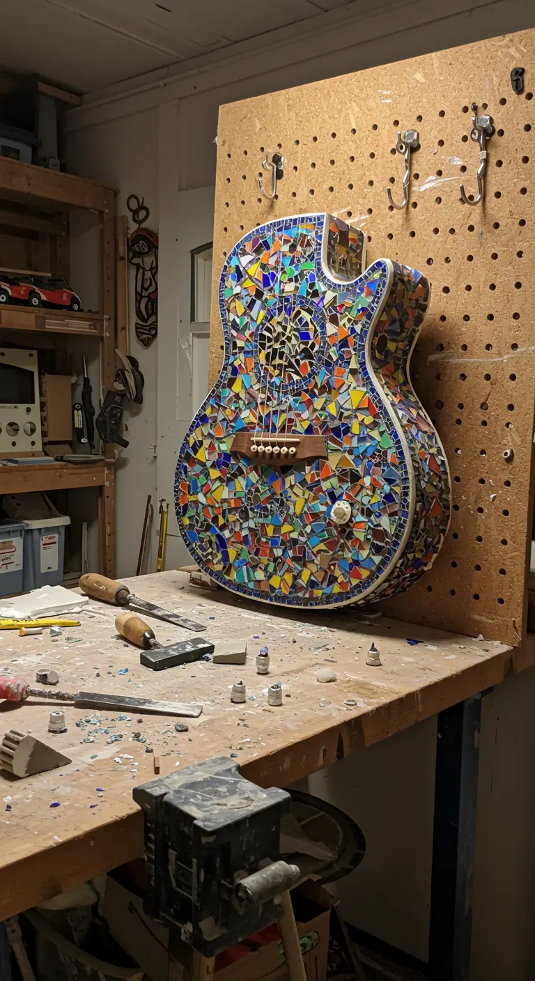 Cuerpo de una guitarra acústica completamente cubierto por un colorido mosaico de trozos de cristal.