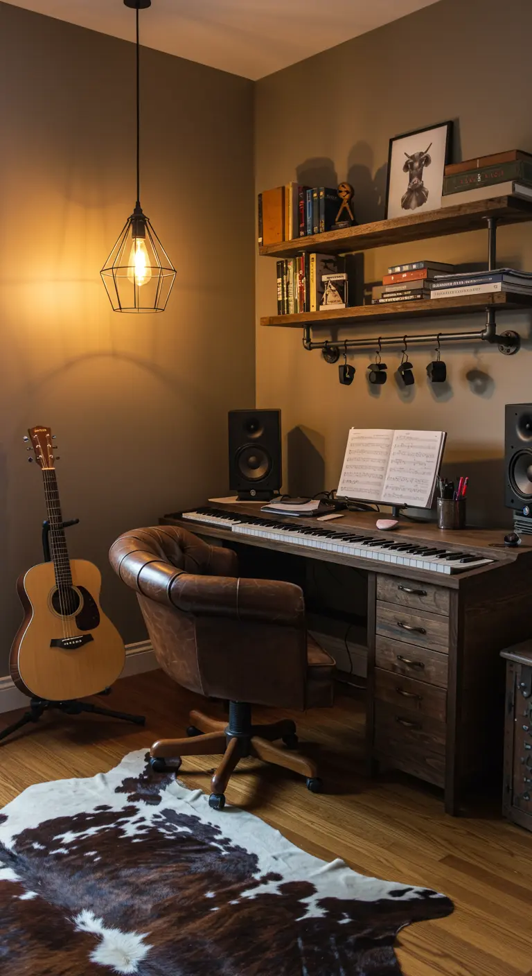 Estudio de música casero con escritorio industrial, silla de cuero y estanterías de tuberías.