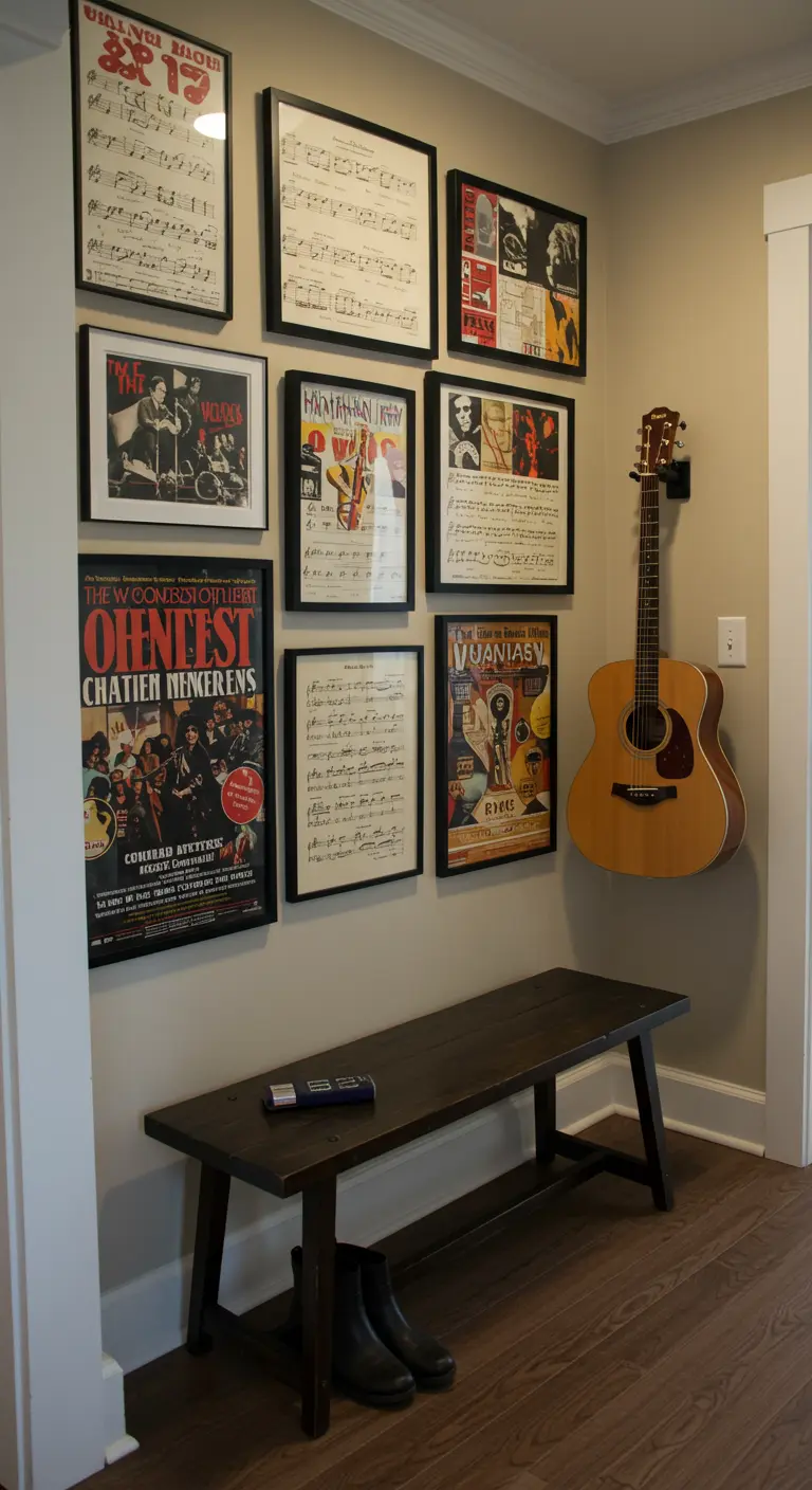 Rincón musical con una galería de pósters de conciertos, un banco de madera y una guitarra colgada.