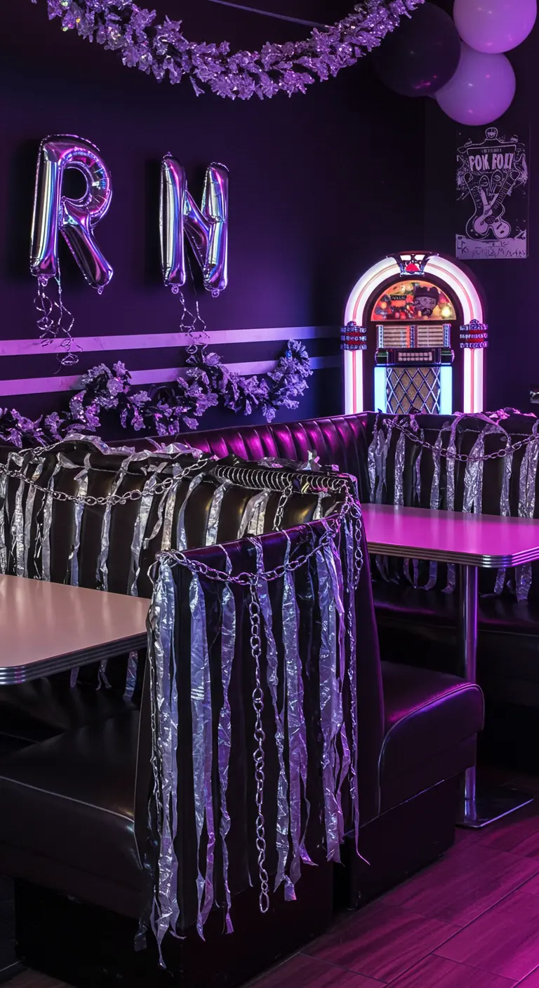 Banqueta de restaurante de estilo retro decorada con tiras metálicas y cadenas para una fiesta rockera.