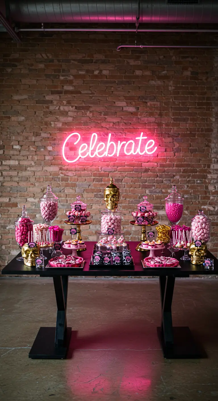 Candy bar industrial con pared de ladrillo, neón rosa y calaveras doradas.