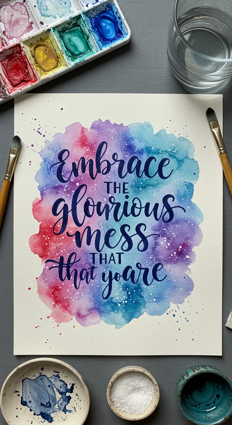 Acuarela con efecto galaxia y la frase 'Embrace the glorious mess that you are'.