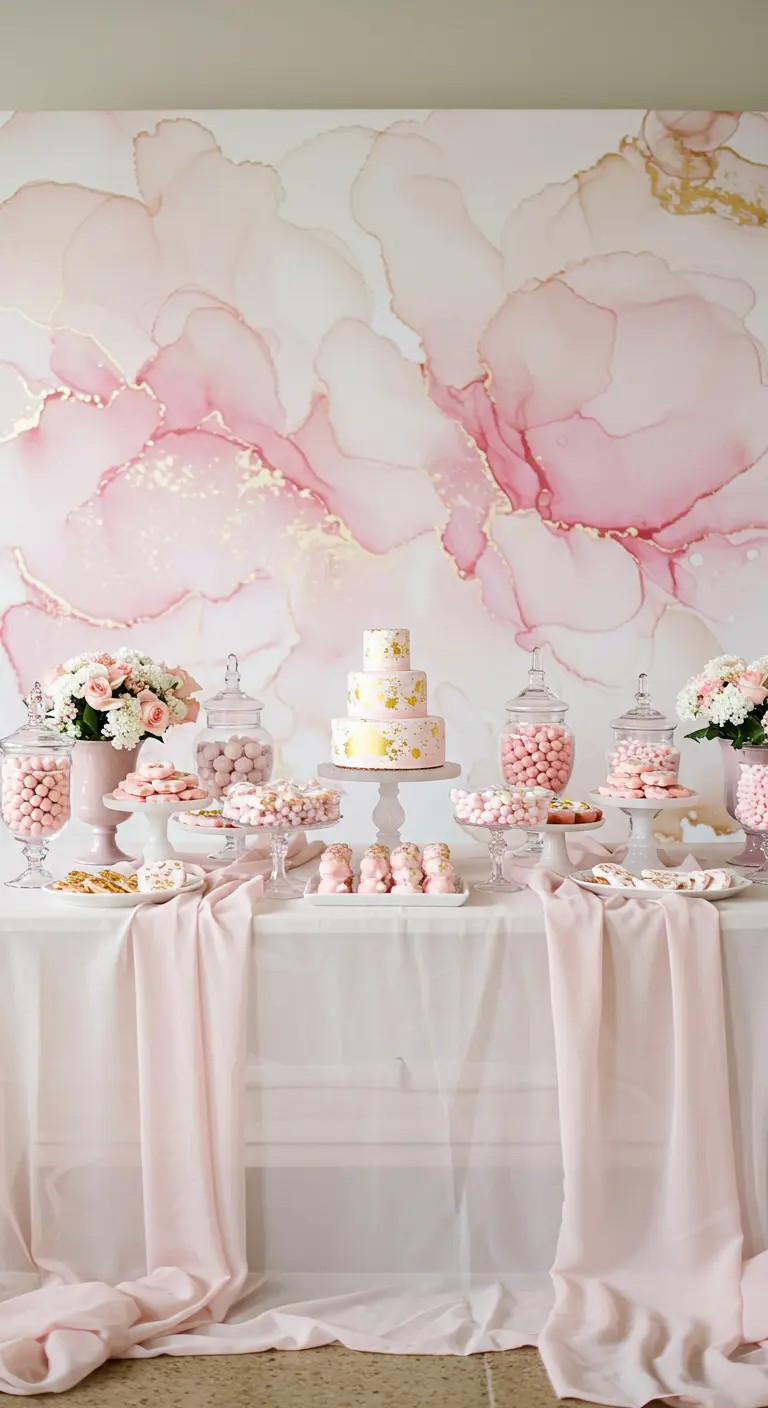 Candy bar con un fondo de acuarela rosa y dorada y una tarta a juego.