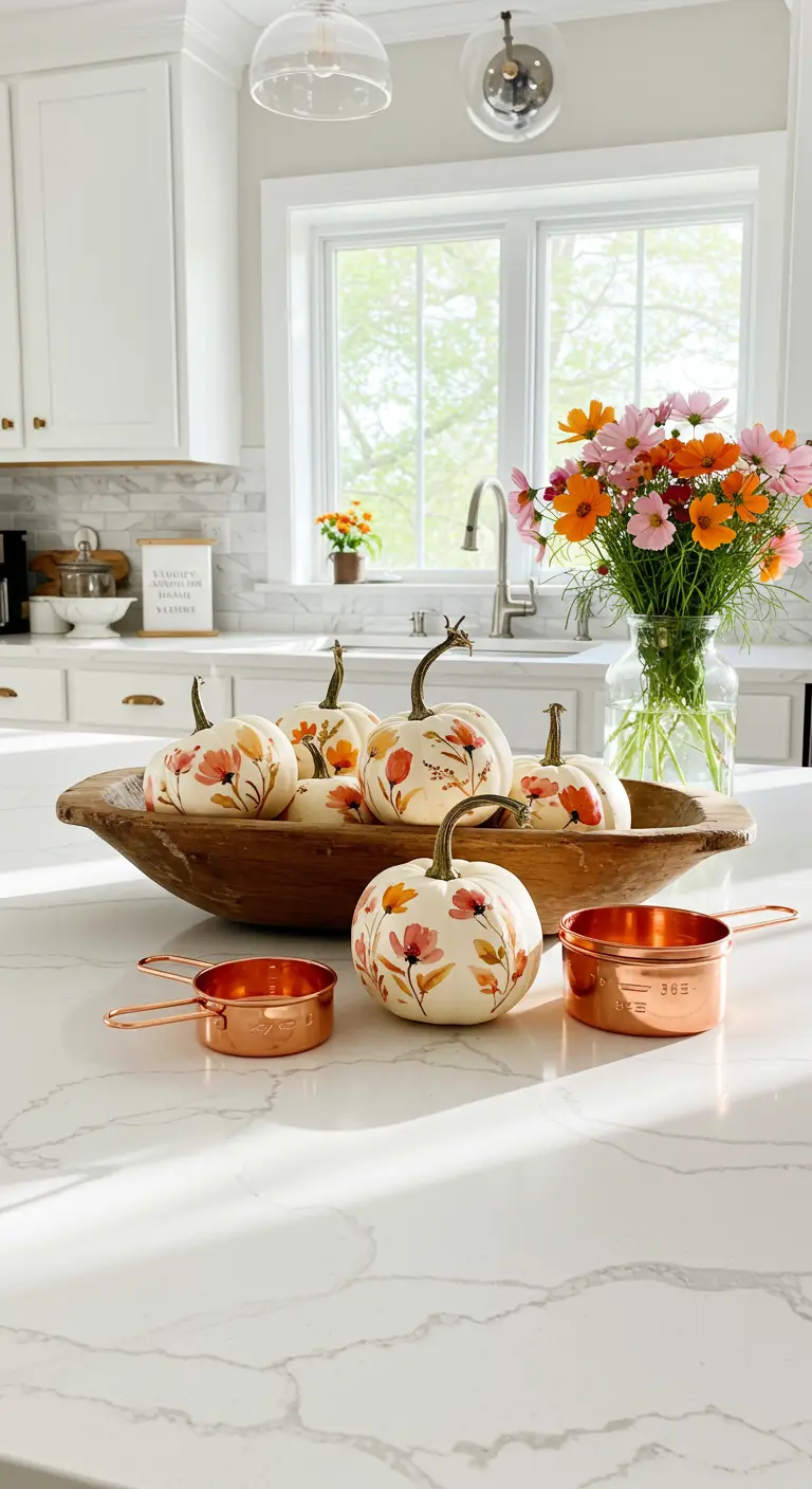 Mini calabazas blancas pintadas con delicadas flores de estilo acuarela en una encimera de cocina.