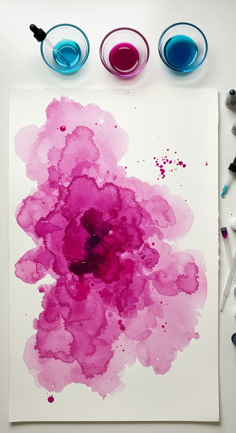 Pintura de acuarela en tonos fucsia y magenta que simula una gran flor abstracta.