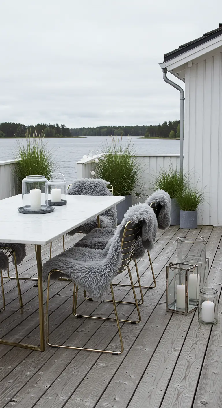 Terraza junto a un lago con sillas doradas cubiertas por pieles de oveja sintéticas grises