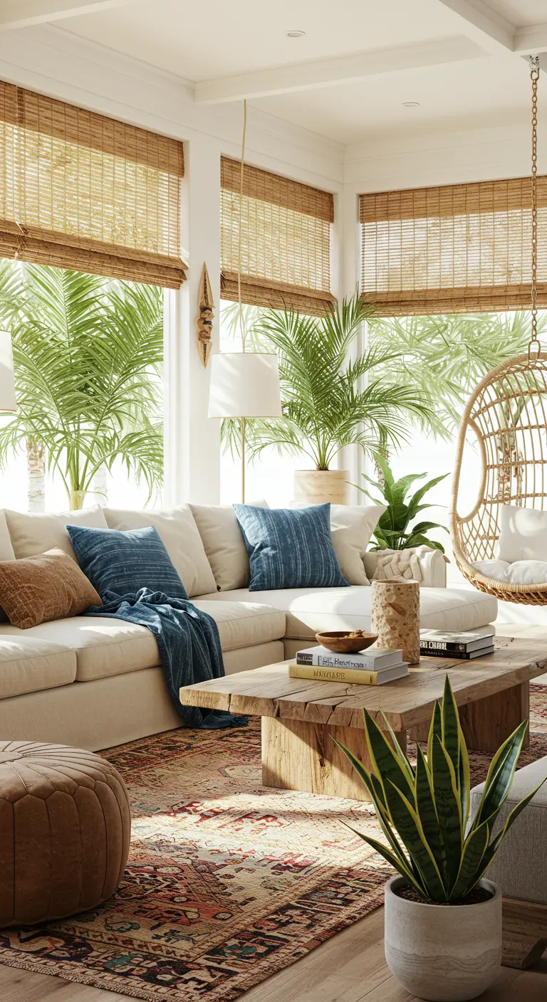 Sala de estar luminosa con sofá blanco, sillón colgante de ratán y persianas de bambú.