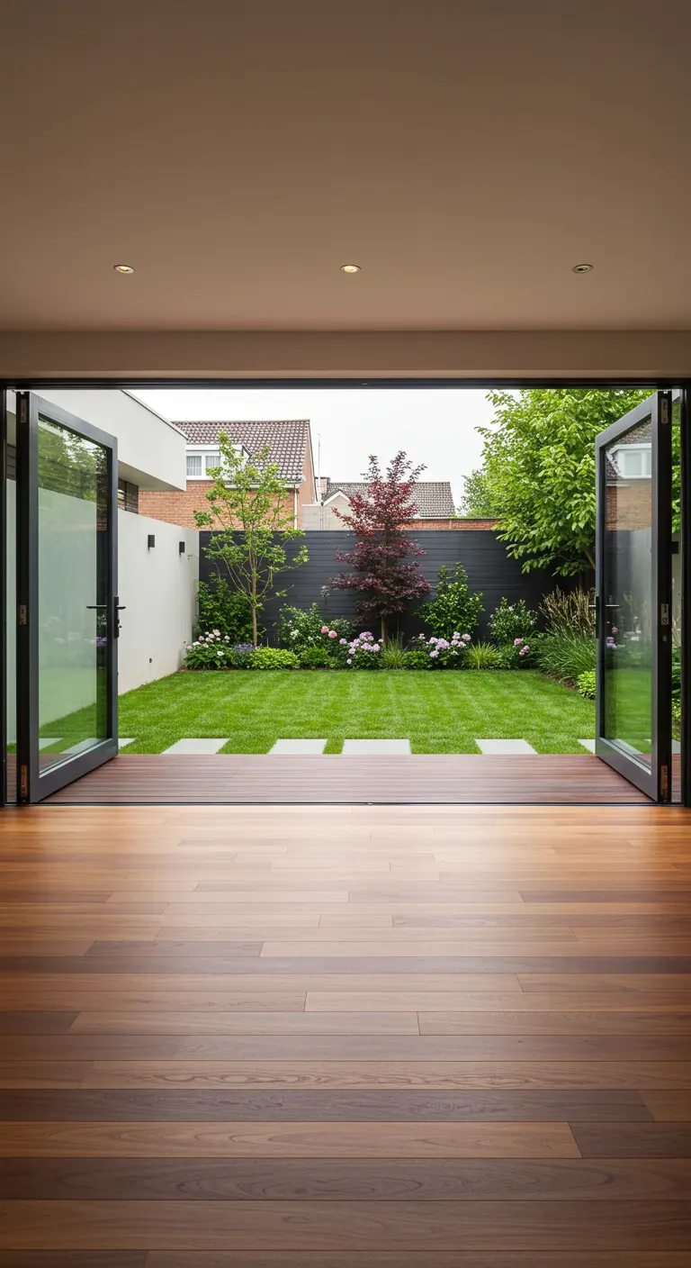 Puertas plegables de cristal abiertas de par en par, mostrando la transición de un salón a un jardín.