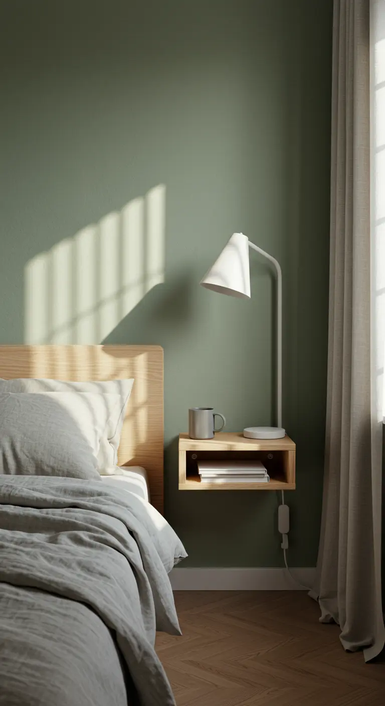 Pequeña estantería flotante de madera usada como mesita de noche junto a una cama