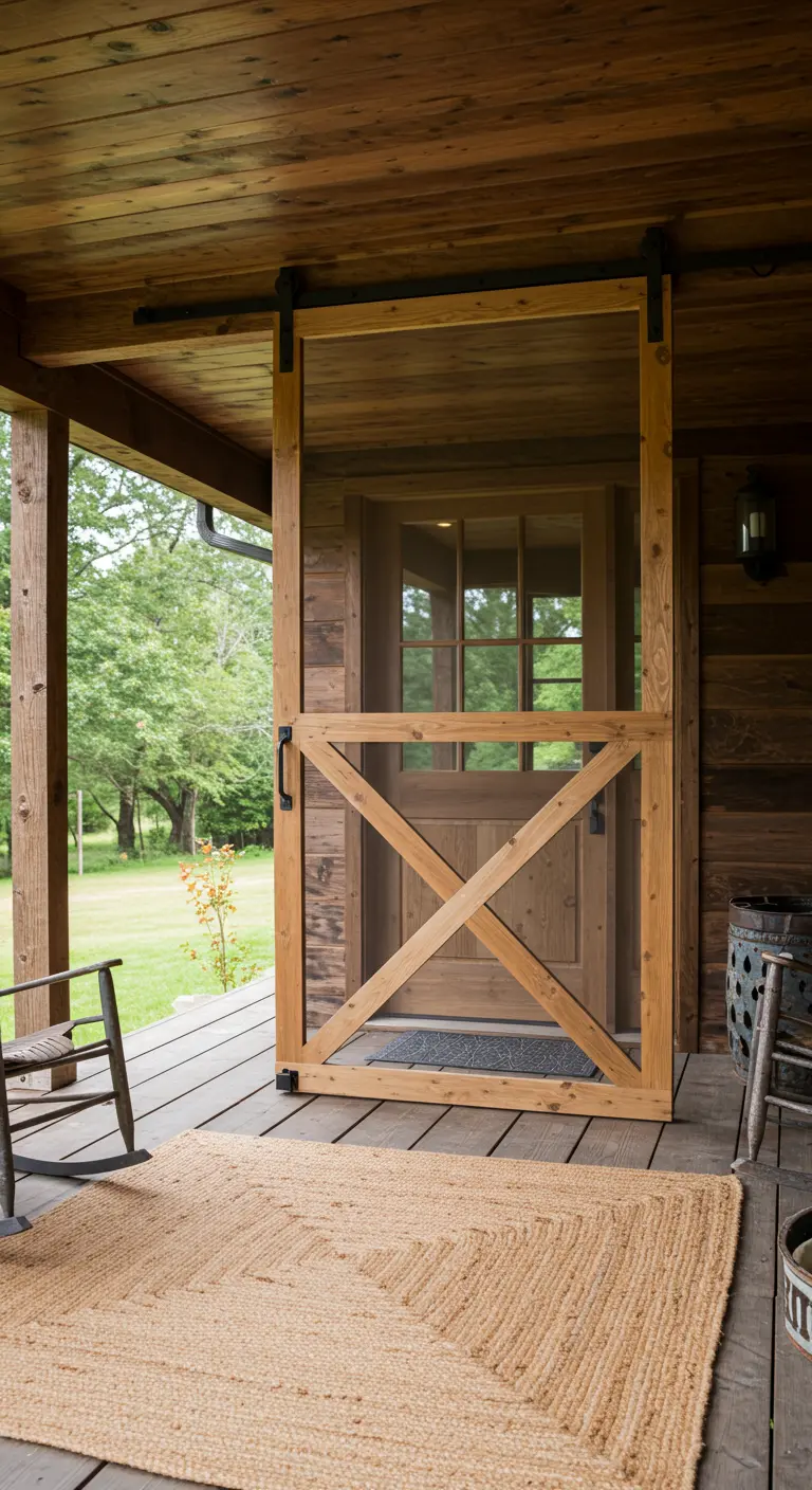 Puerta mosquitera corrediza con un marco de madera en forma de X en un porche de cabaña.