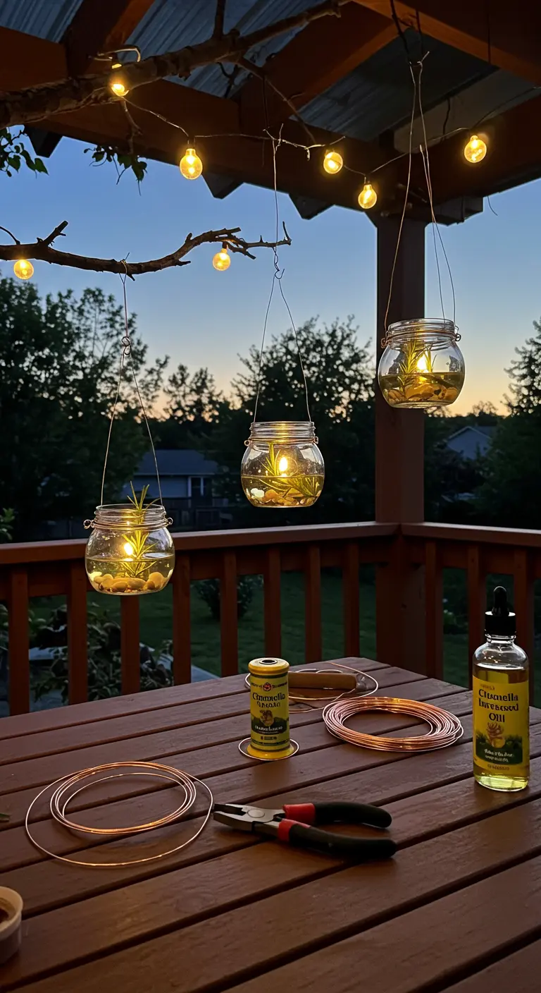 Lámparas de aceite colgantes hechas con frascos y alambre de cobre, para iluminar un porche.