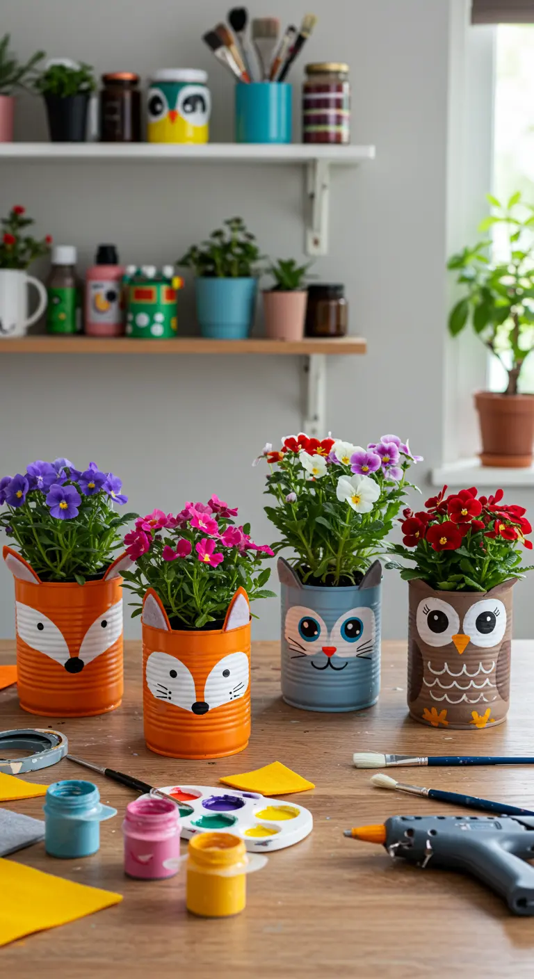 Macetas de lata pintadas a mano como un zorro, un gato y un búho.