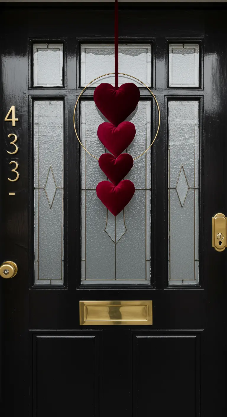 Adorno colgante con un aro dorado y cuatro corazones de terciopelo rojo en una puerta negra y elegante.