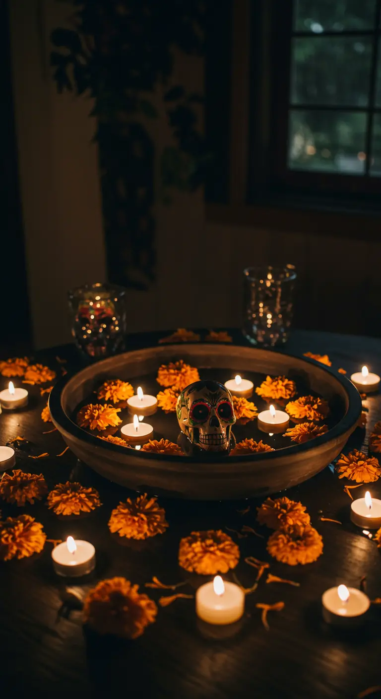 Cuenco oscuro con agua, donde flotan una calaverita de azúcar, flores de cempasúchil y velas.