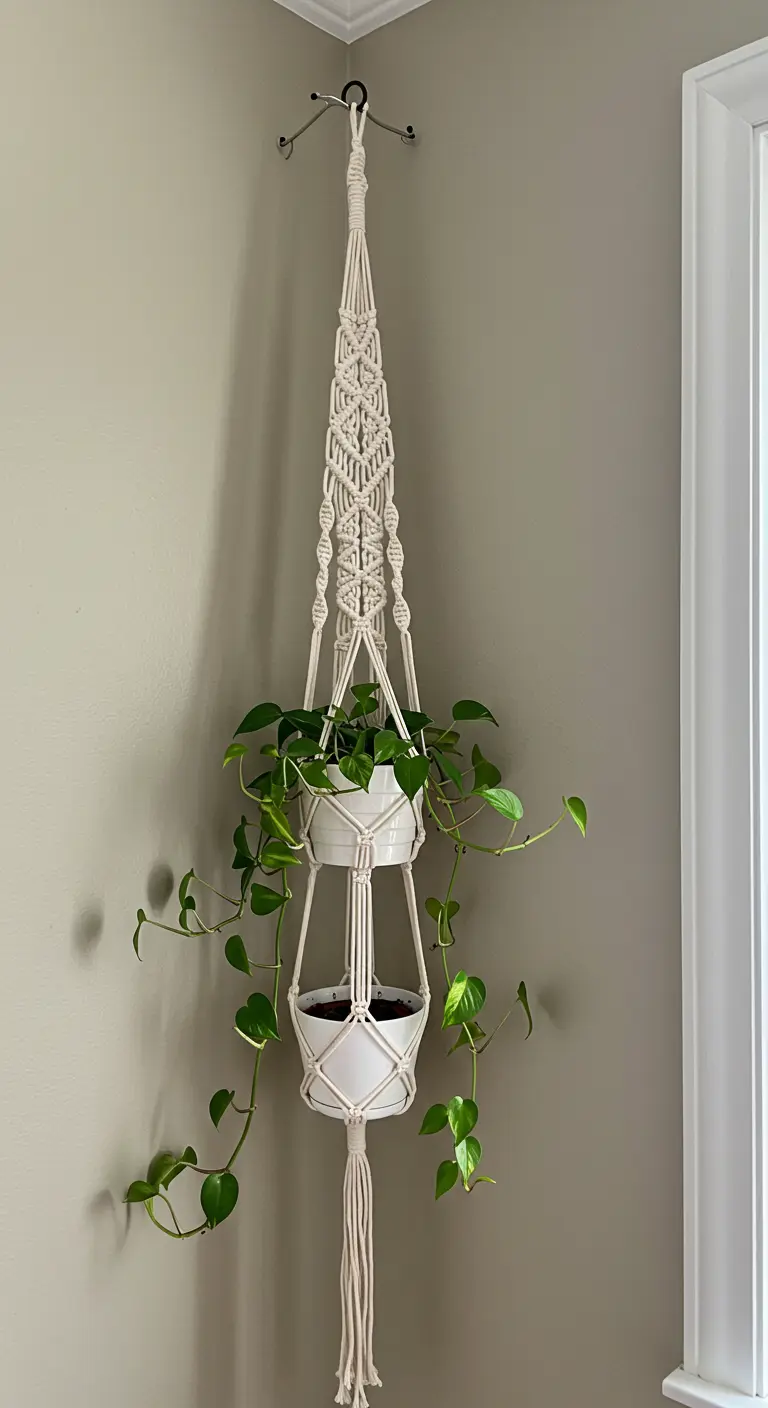 Colgador de macramé de dos niveles diseñado para una esquina, con dos macetas blancas con potos.