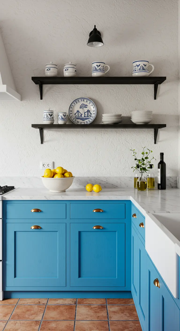 Cocina de estilo mediterráneo con gabinetes azules, suelo de terracota y estantes negros.