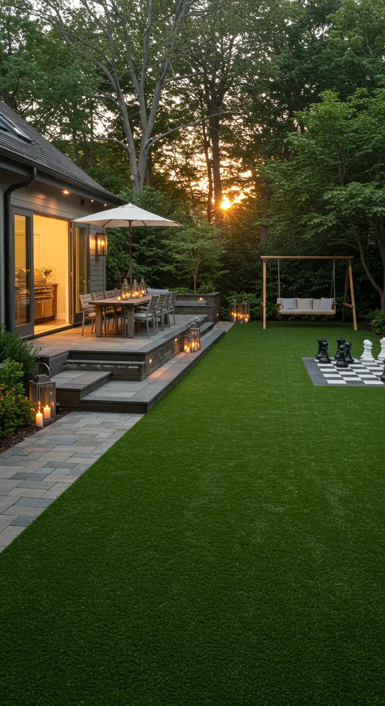 Elegante jardín con terraza de madera, césped y un ajedrez gigante en una esquina
