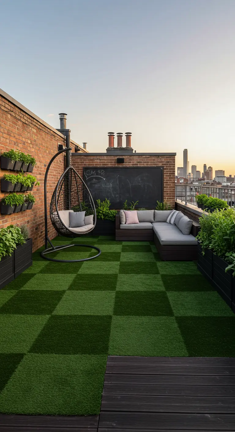 Azotea con césped artificial en damero, un sofá modular, un sillón colgante y un jardín vertical