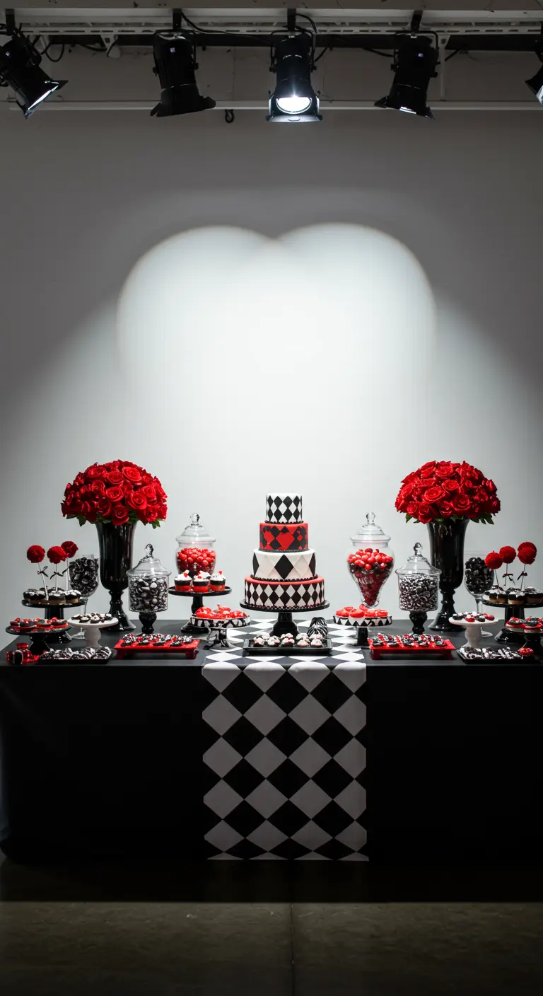 Mesa de dulces en blanco, negro y rojo con un pastel de rombos y un camino de mesa a cuadros.