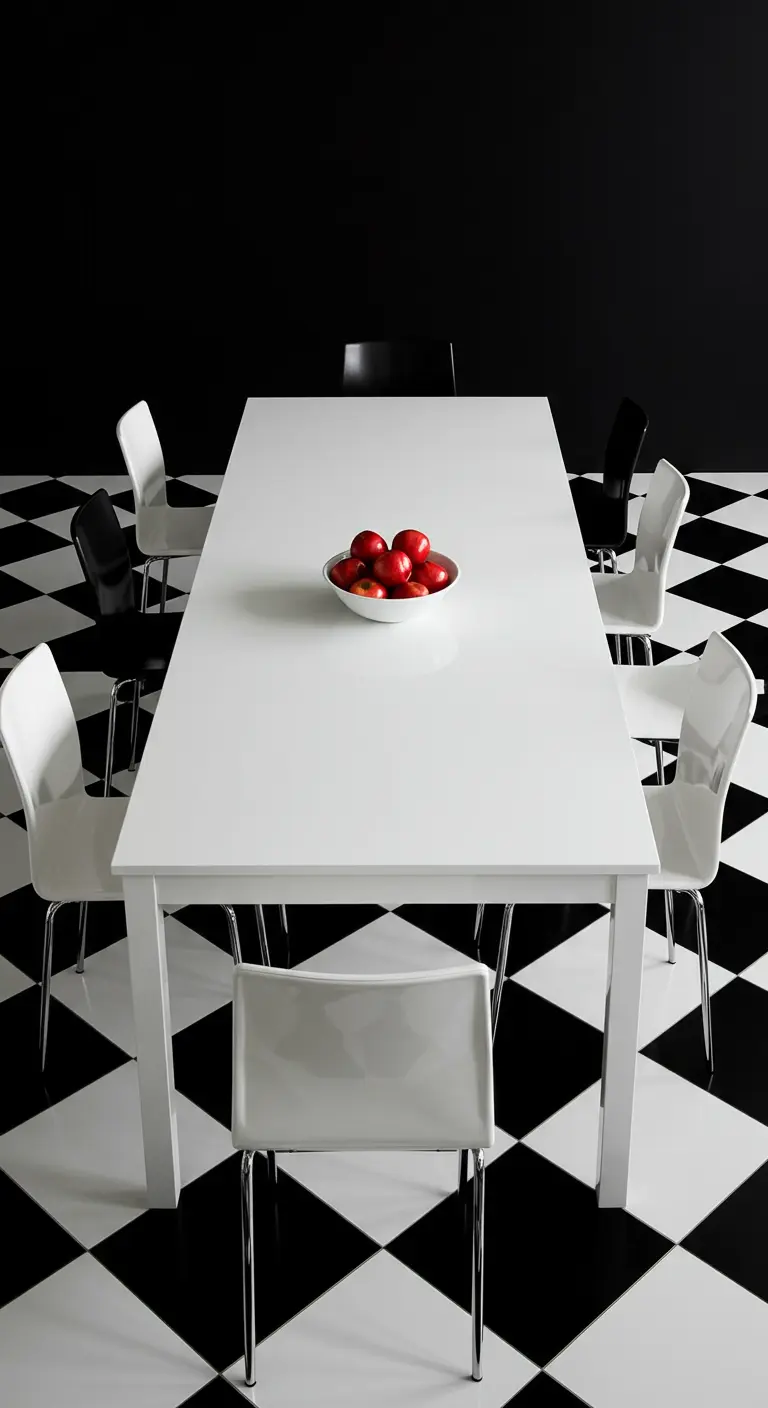 Comedor con suelo de damero y una mezcla de sillas blancas y negras de diferentes diseños.