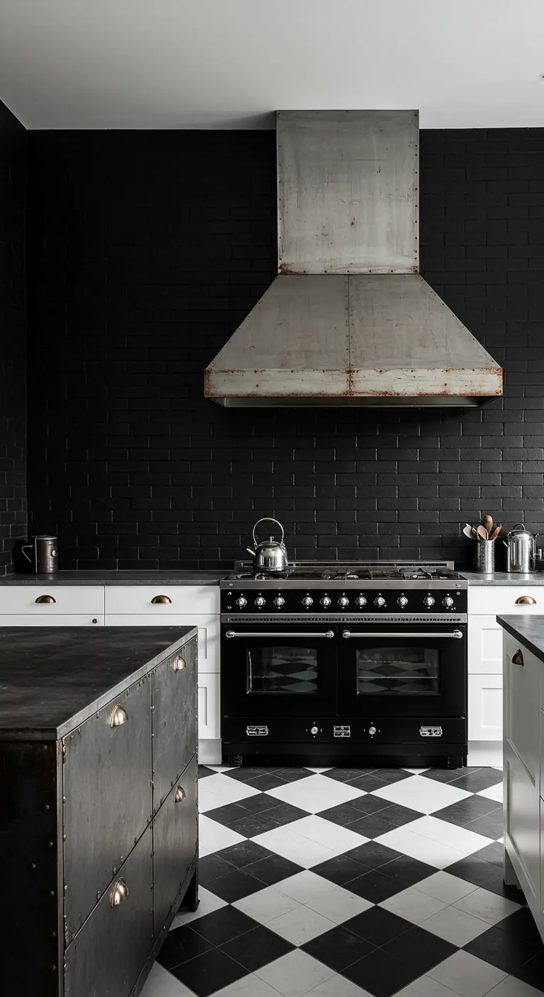 Cocina industrial con suelo de baldosas en damero blanco y negro y paredes negras.