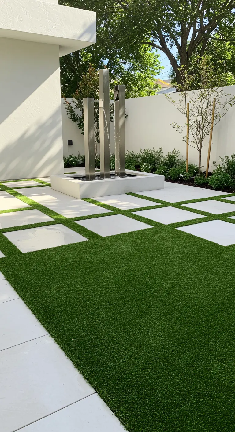Patio con diseño de rejilla de césped artificial y losas blancas, con fuente de acero.