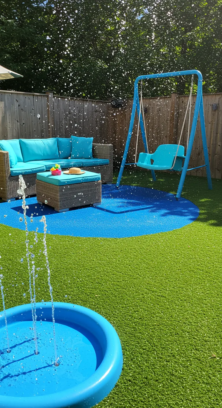 Zona de juegos con suelo de caucho azul, un columpio y una fuente de agua para niños
