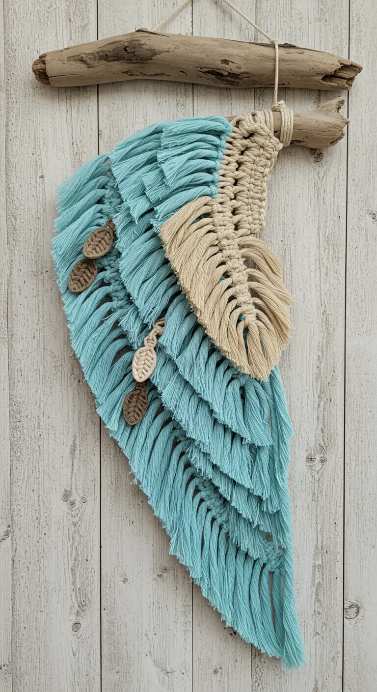 Tapiz de macramé asimétrico con forma de ala en color azul cielo y detalles en crudo
