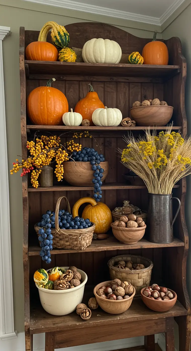Estantería de madera rústica llena de calabazas, frutos secos, uvas y trigo.