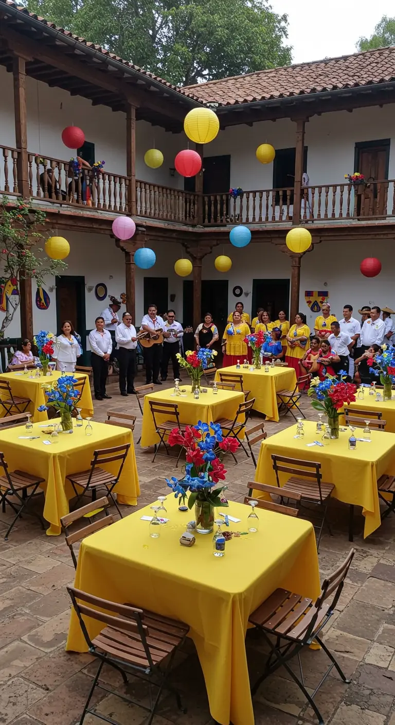Patio colonial con mesas con manteles amarillos, flores tricolor y farolillos de papel.