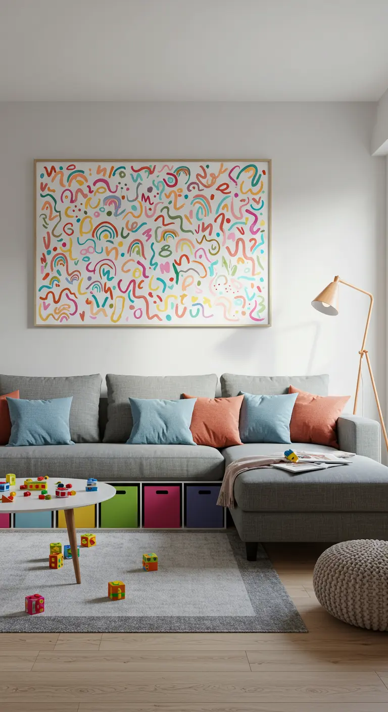 Sala de estar familiar con sofá gris y un cuadro abstracto muy colorido y alegre.