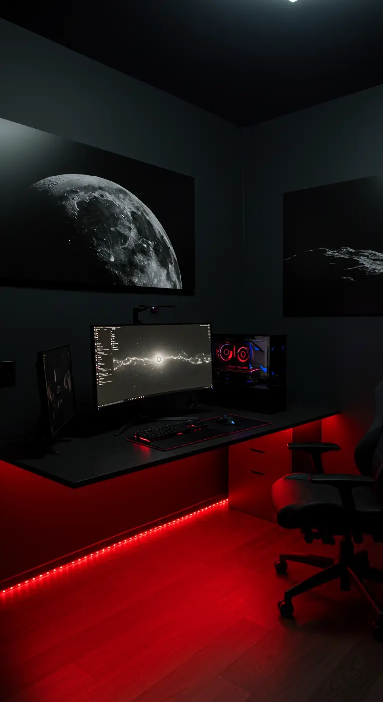 Estudio de gaming oscuro con iluminación LED roja y grandes cuadros de la luna en la pared.