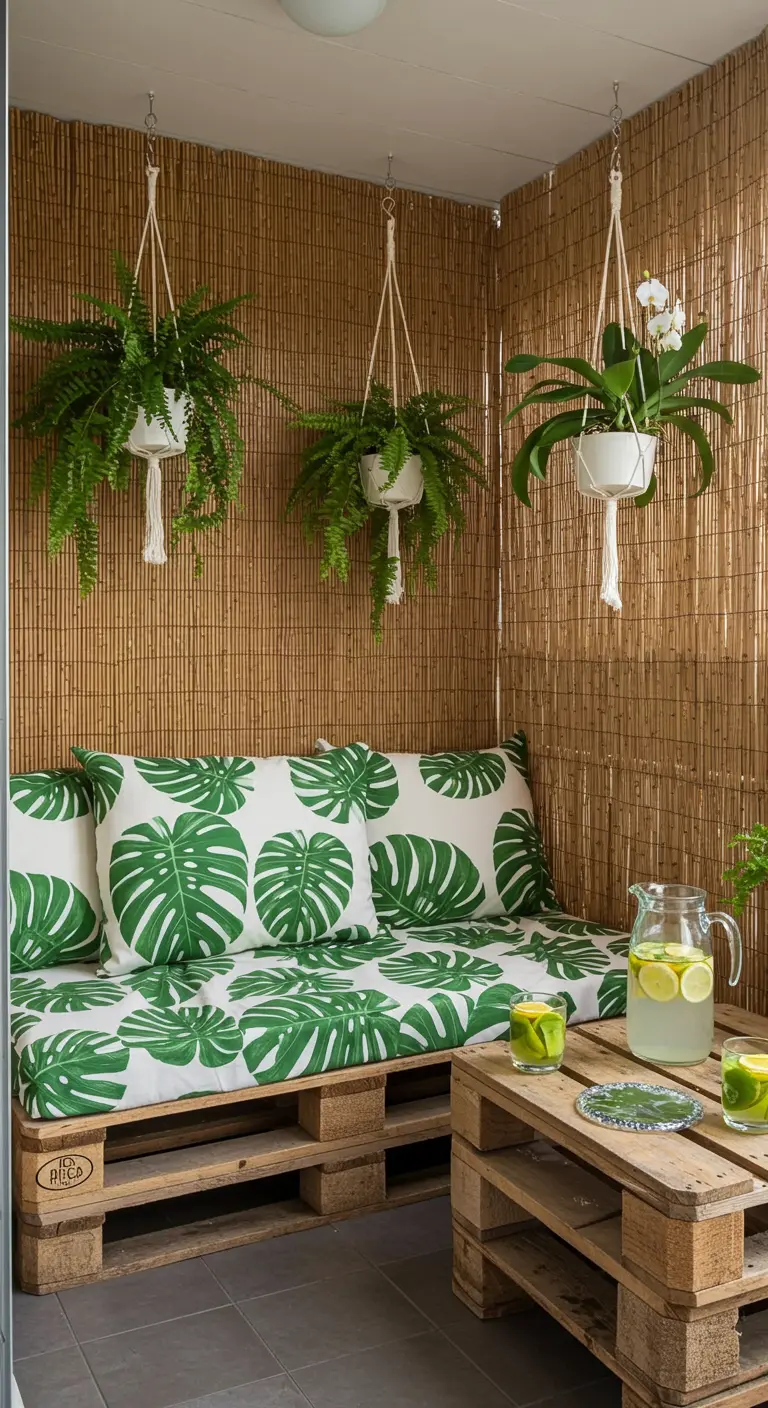 Balcón con decoración tropical, sofá de palets con cojines de hojas de monstera y plantas colgantes.