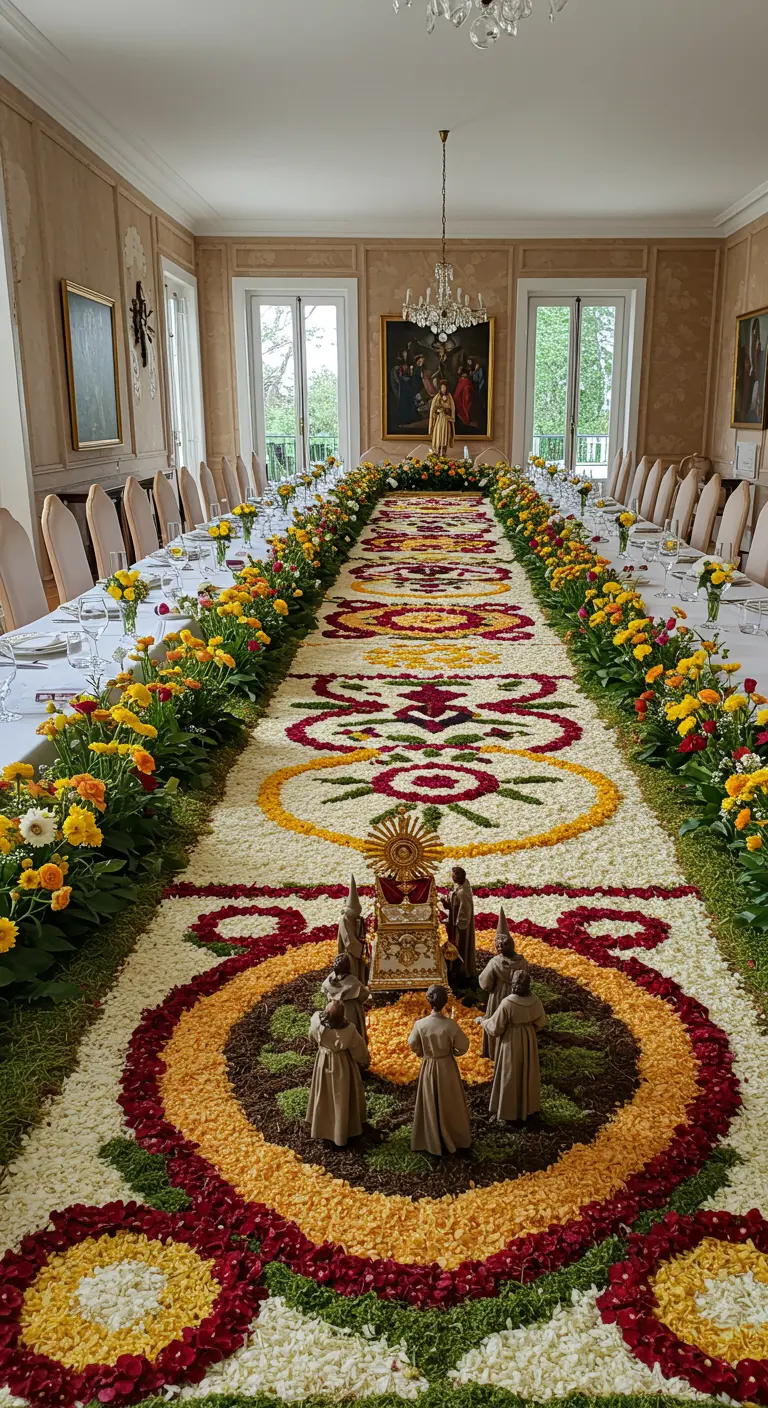 Larga mesa de comedor cubierta por una intrincada alfombra de pétalos de flores de colores.