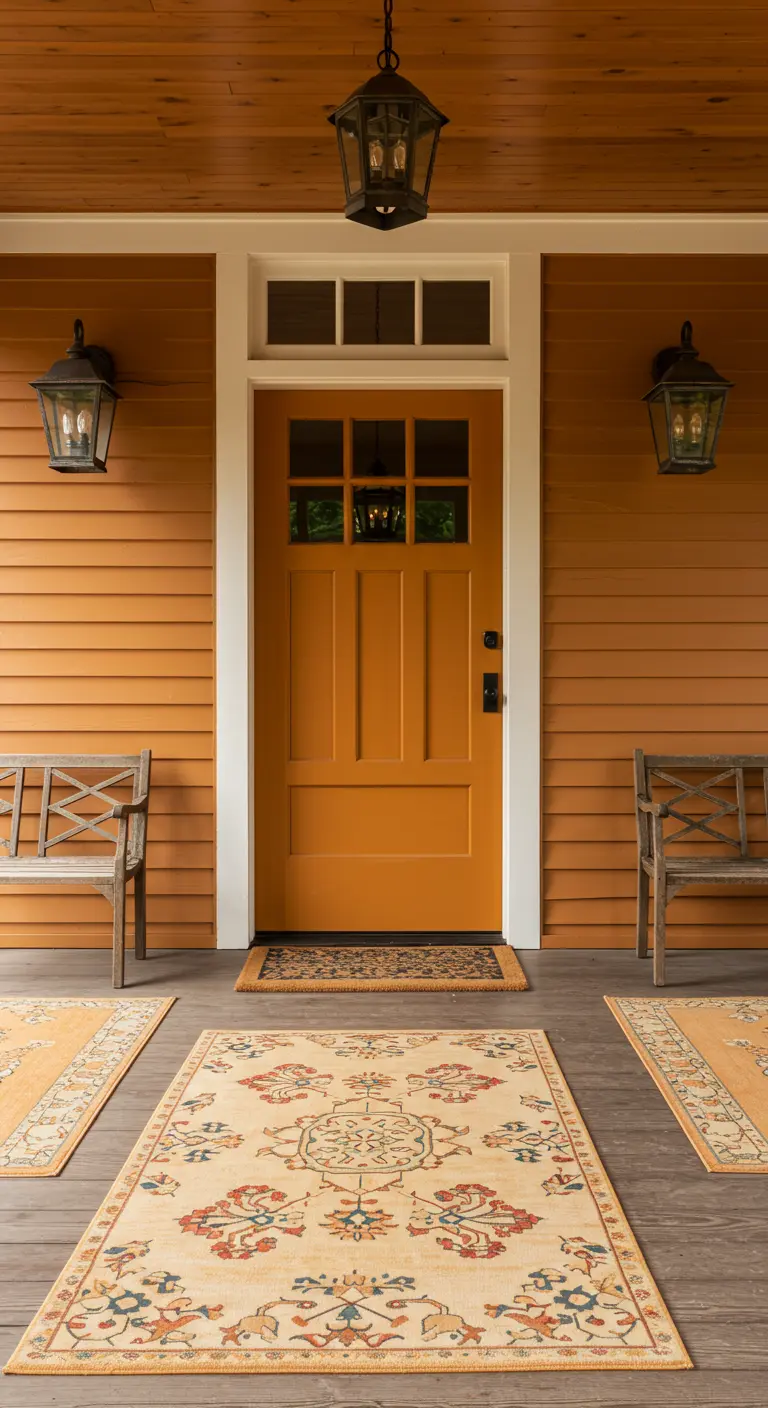 Porche de madera con tres alfombras superpuestas de estilo persa en tonos beige y ocres