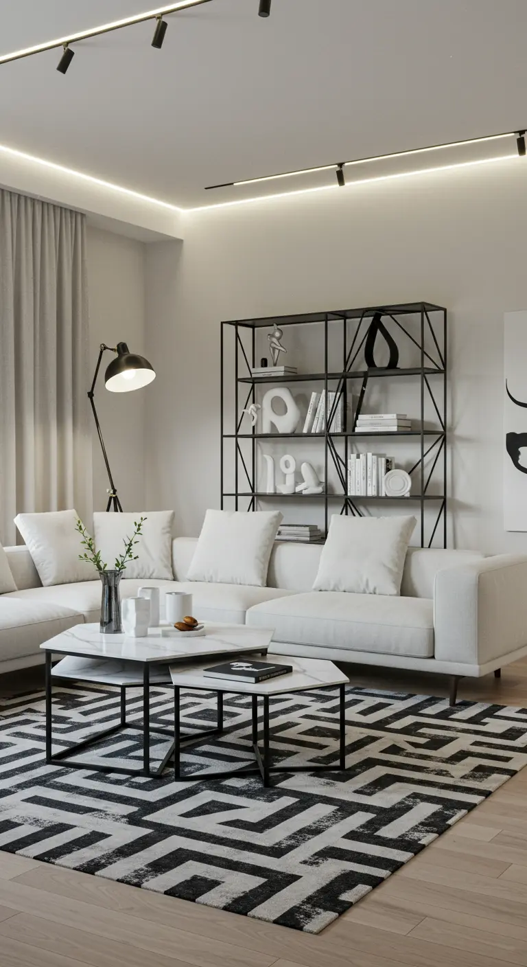 Sala con sofá blanco, estantería metálica y una gran alfombra con patrón geométrico en blanco y negro.