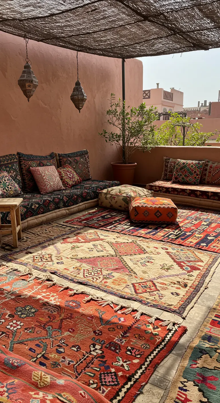 Suelo de una terraza completamente cubierto por varias alfombras marroquíes de diferentes estilos y colores.