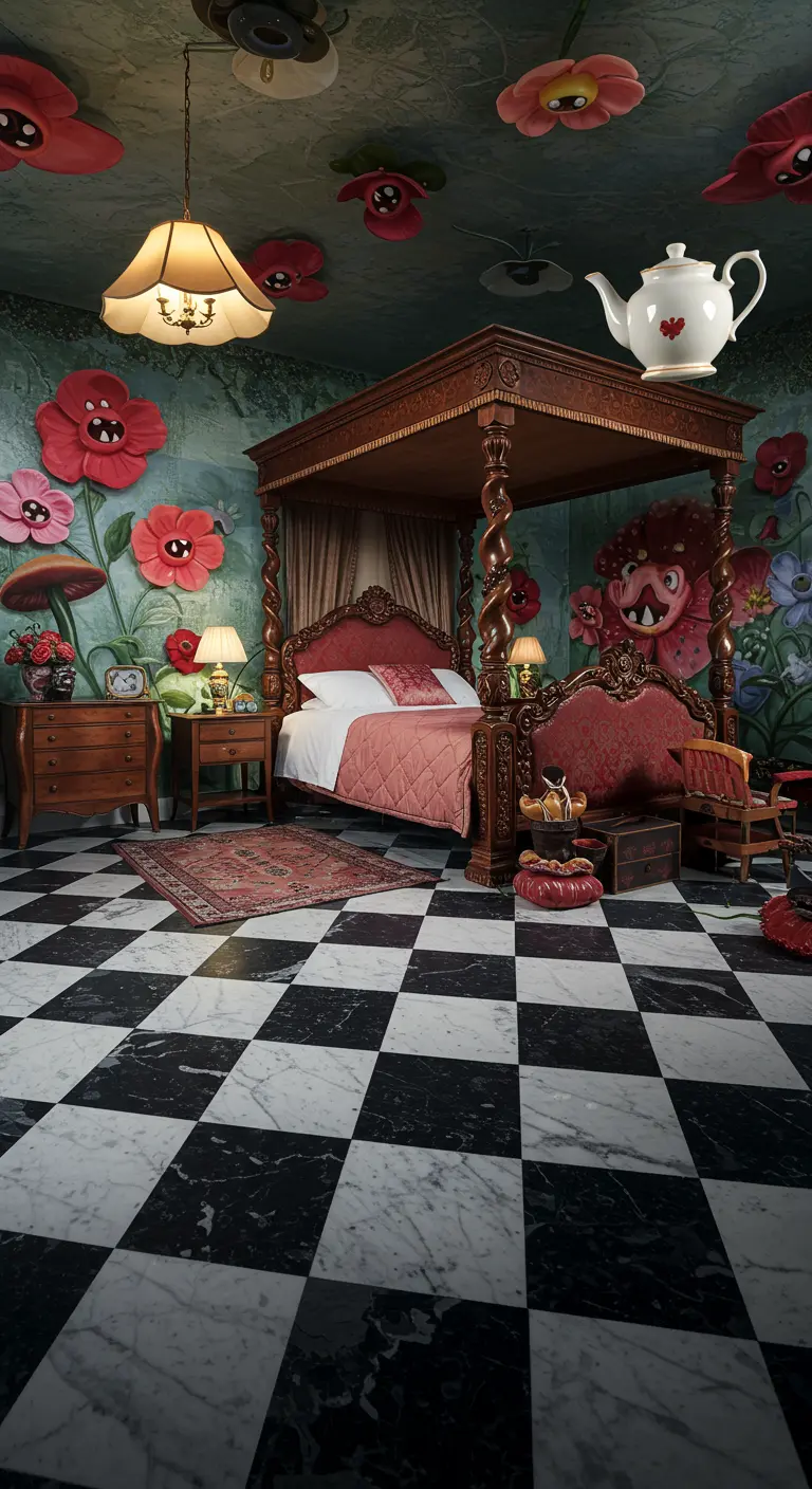 Dormitorio surrealista con suelo de damero, cama con dosel y flores gigantes en las paredes.