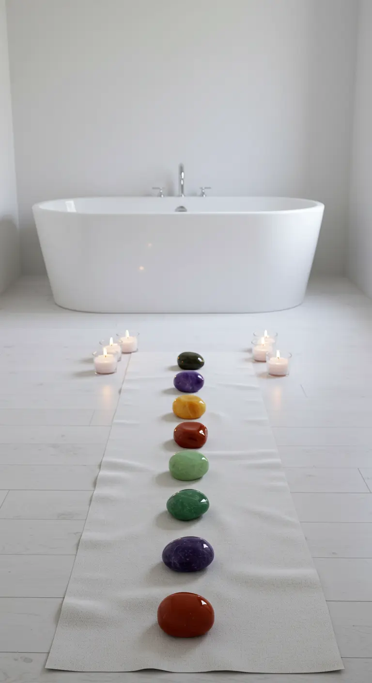 Baño blanco minimalista con piedras de los chakras alineadas sobre un camino de tela.